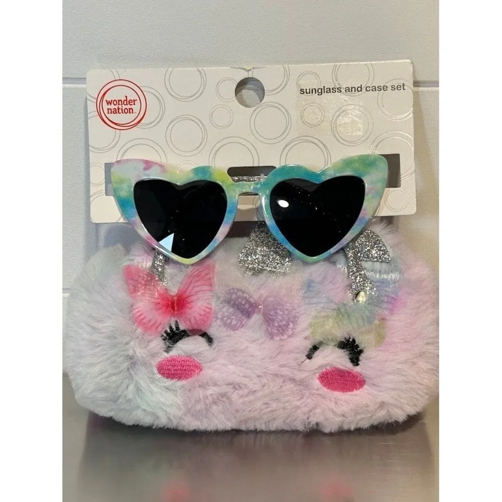 Wonder Nation Kids Heart Tie Dye Sunglasses and Plush Faux Fur Case Set Purple‎
